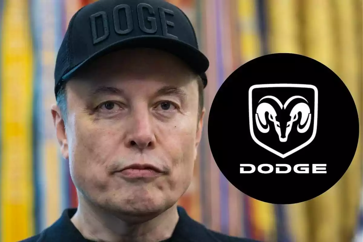 Hombre con gorra negra que dice DOGE y un logo de Dodge al lado sobre fondo colorido desenfocado