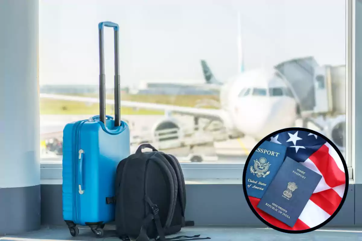 Blue suitcase and black backpack next to a window at an airport with a plane in the background and an inset showing two passports on top of a United States flag Blue suitcase and black backpack next to a window at an airport with a plane in the background and an inset showing two passports on top of a United States flag