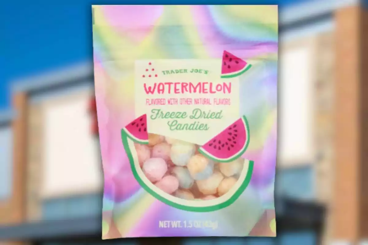 Bag of watermelon-flavored freeze-dried candies from Trader Joe’s with a colorful design and watermelon illustrations on the packaging Bag of watermelon-flavored freeze-dried candies from Trader Joe’s with a colorful design and watermelon illustrations on the packaging