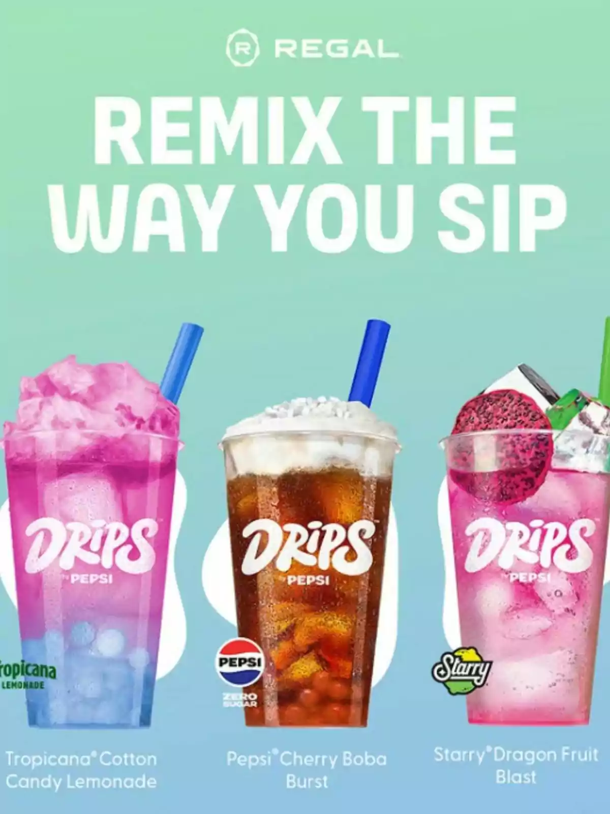 Three special edition drinks from the Drips by Pepsi brand in large cups with blue straws on a green and blue gradient background, accompanied by the names Tropicana Cotton Candy Lemonade, Pepsi Cherry Boba Burst, and Starry Dragon Fruit Blast. Three special edition drinks from the Drips by Pepsi brand in large cups with blue straws on a green and blue gradient background, accompanied by the names Tropicana Cotton Candy Lemonade, Pepsi Cherry Boba Burst, and Starry Dragon Fruit Blast.