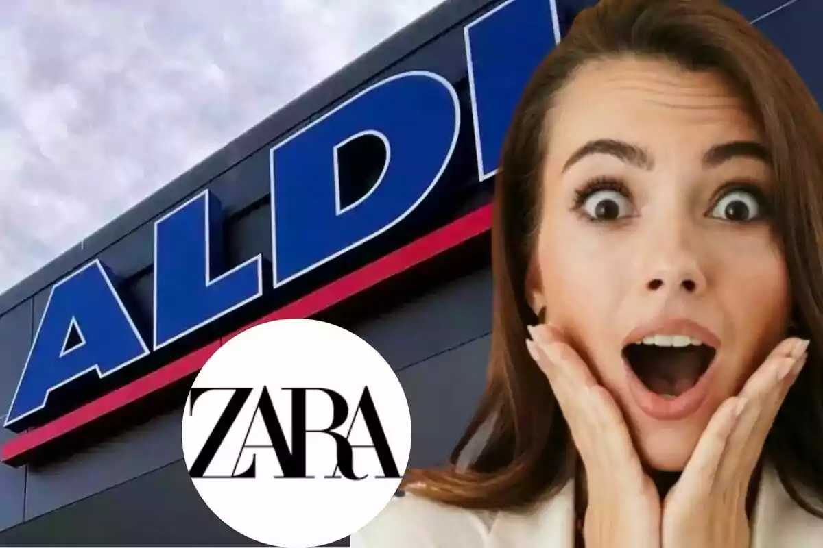Surprised woman in front of an Aldi sign with the Zara logo in the foreground