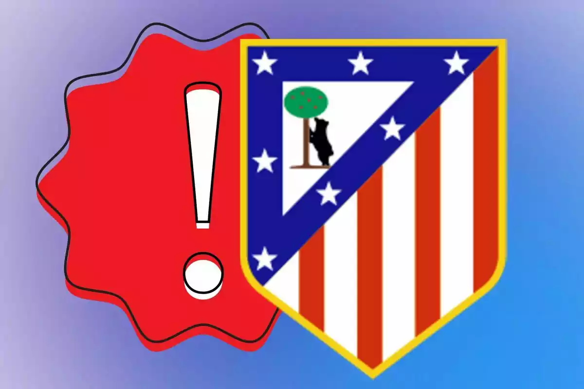 Un escudo del Atlético de Madrid junto a un símbolo de advertencia con un fondo degradado azul y morado.