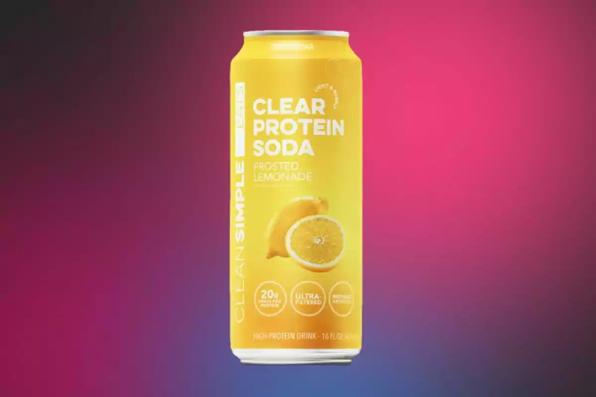 Yellow can of Clear Protein Soda lemonade flavor with a gradient background in pink and blue tones Yellow can of Clear Protein Soda lemonade flavor with a gradient background in pink and blue tones