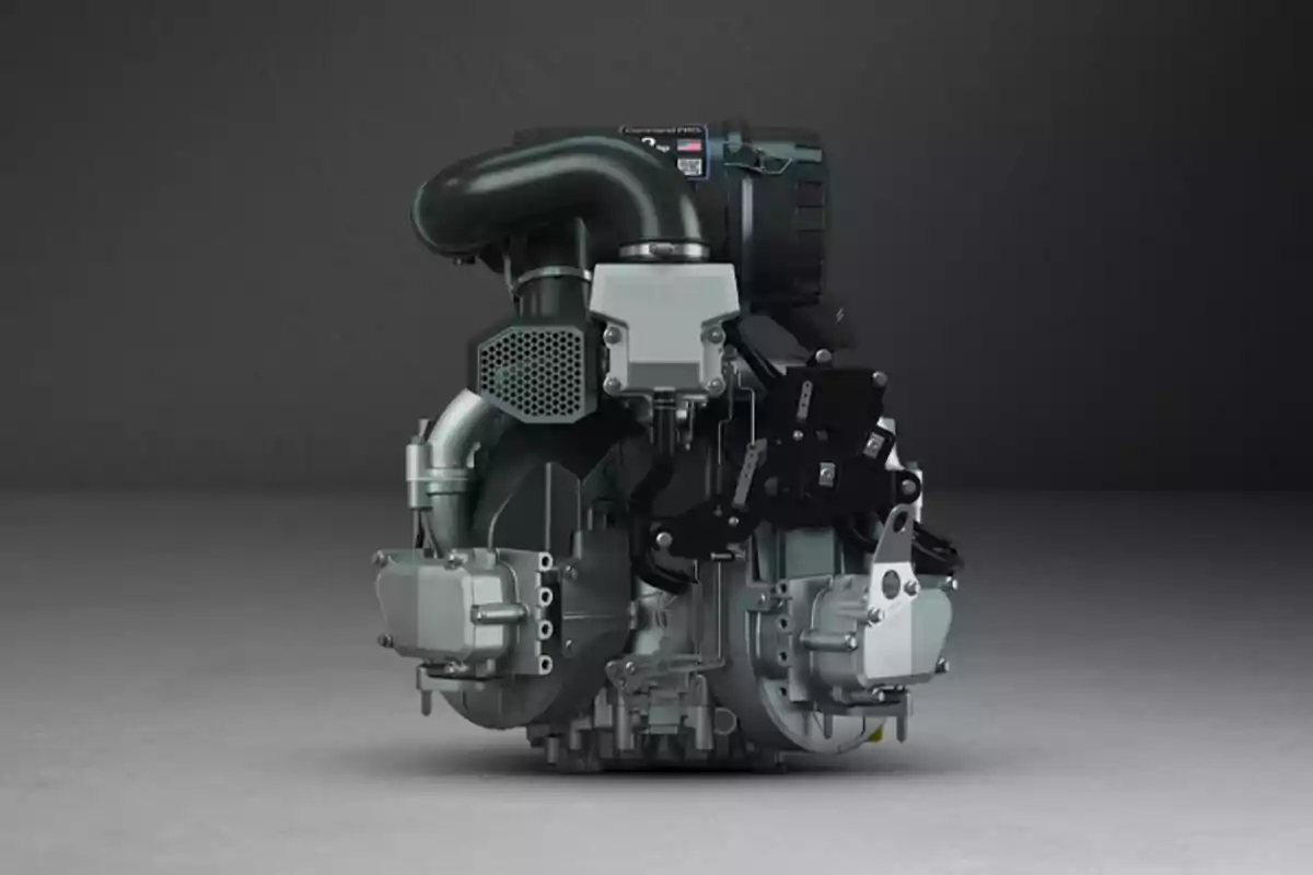 Industrial gray engine with metal and plastic components on a dark gray background