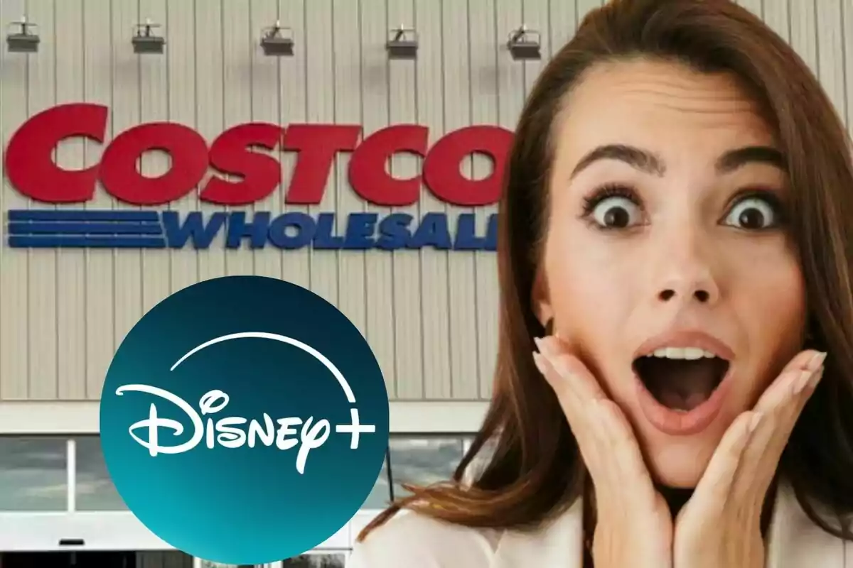 A woman with a surprised expression in front of a Costco store and the Disney Plus logo in the foreground