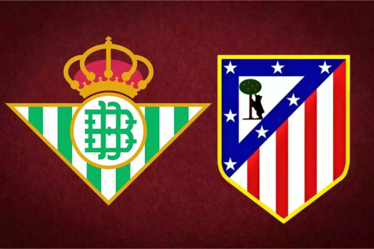 Escudos de los equipos de fútbol Real Betis y Atlético de Madrid sobre un fondo rojo oscuro