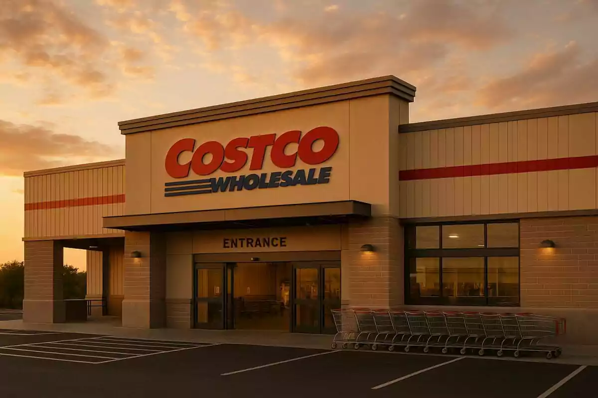 Storefront of a Costco at sunset with shopping carts lined up outside. Storefront of a Costco at sunset with shopping carts lined up outside.