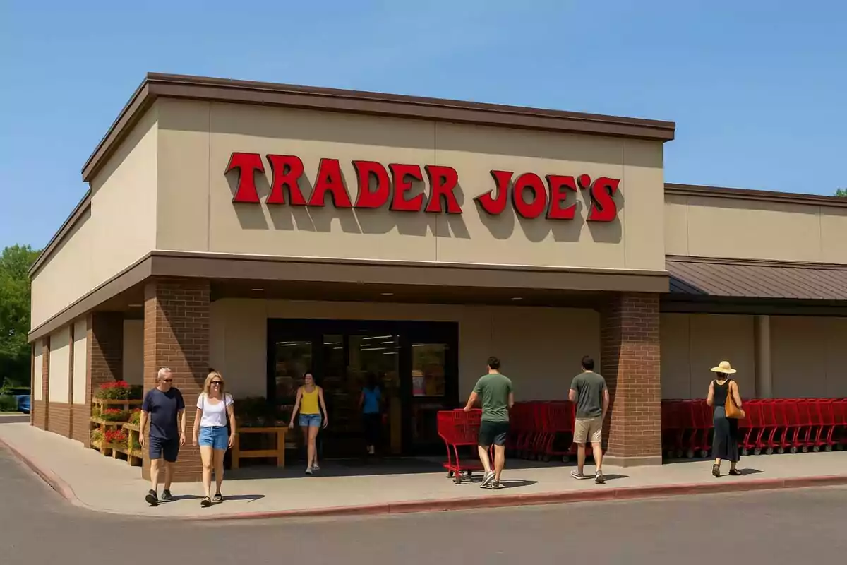 Facade of a Trader Joe's store with several people entering and exiting and red shopping carts lined up outside. Facade of a Trader Joe's store with several people entering and exiting and red shopping carts lined up outside.