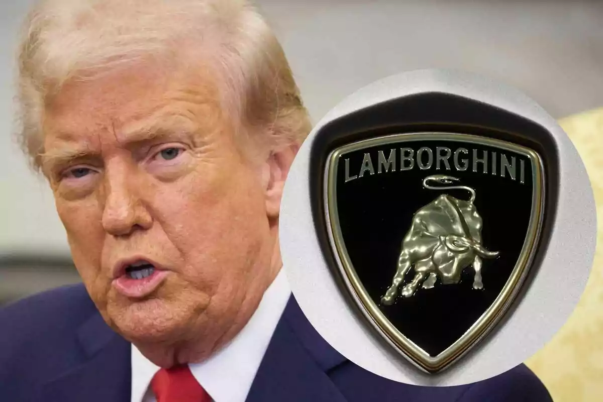 Blond-haired man with a serious expression and a Lamborghini logo overlaid on the right