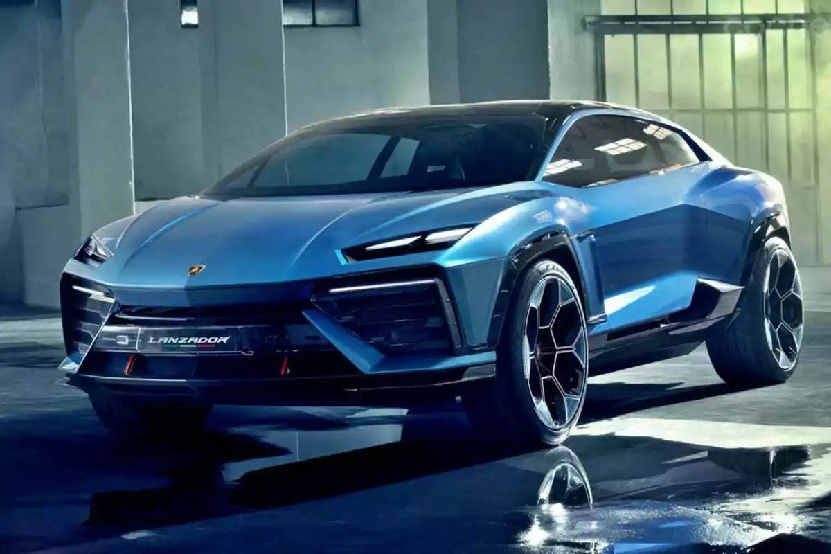 Futuristic blue sports car parked in a brightly lit indoor space Futuristic blue sports car parked in a brightly lit indoor space