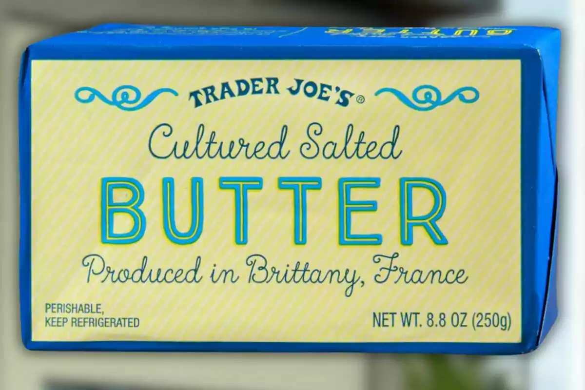 Trader Joe’s salted butter produced in Brittany, France, in a blue and yellow 250-gram package Trader Joe’s salted butter produced in Brittany, France, in a blue and yellow 250-gram package