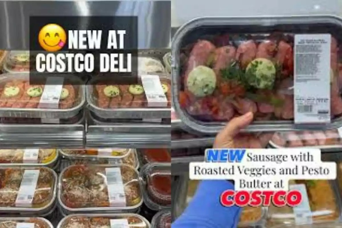 Bandejas de salchichas con verduras asadas y mantequilla de pesto en la sección de deli de Costco, con letreros anunciando el producto como nuevo Bandejas de salchichas con verduras asadas y mantequilla de pesto en la sección de deli de Costco, con letreros anunciando el producto como nuevo