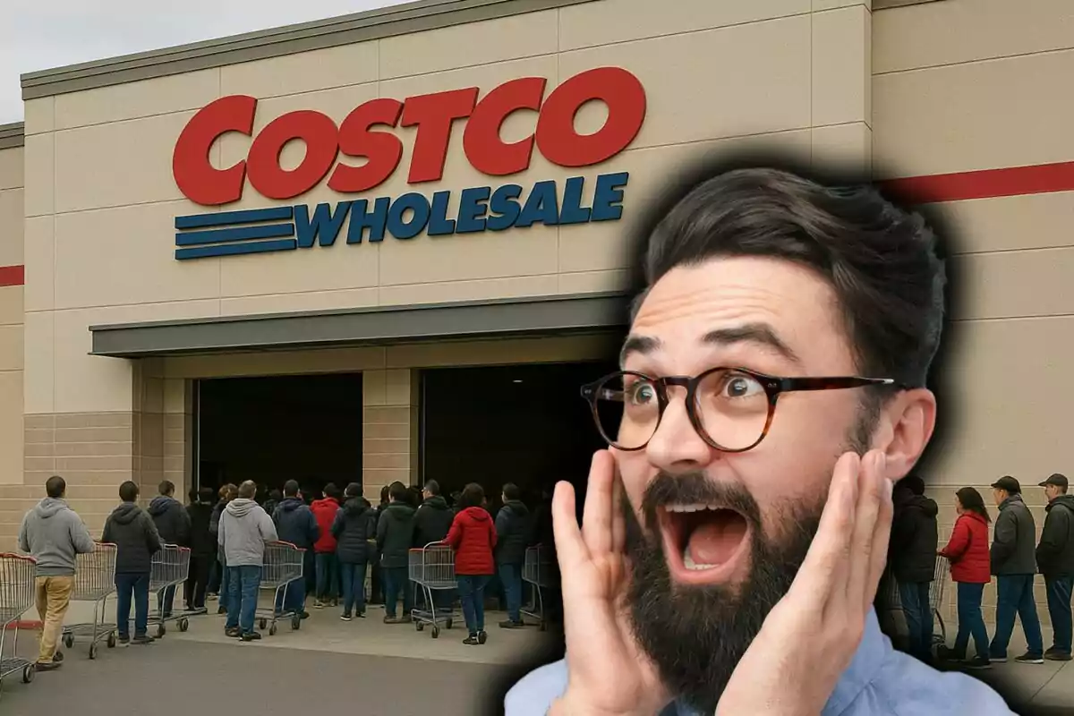 Un hombre con expresión de sorpresa aparece frente a una tienda de Costco donde varias personas hacen fila con carritos de compras.