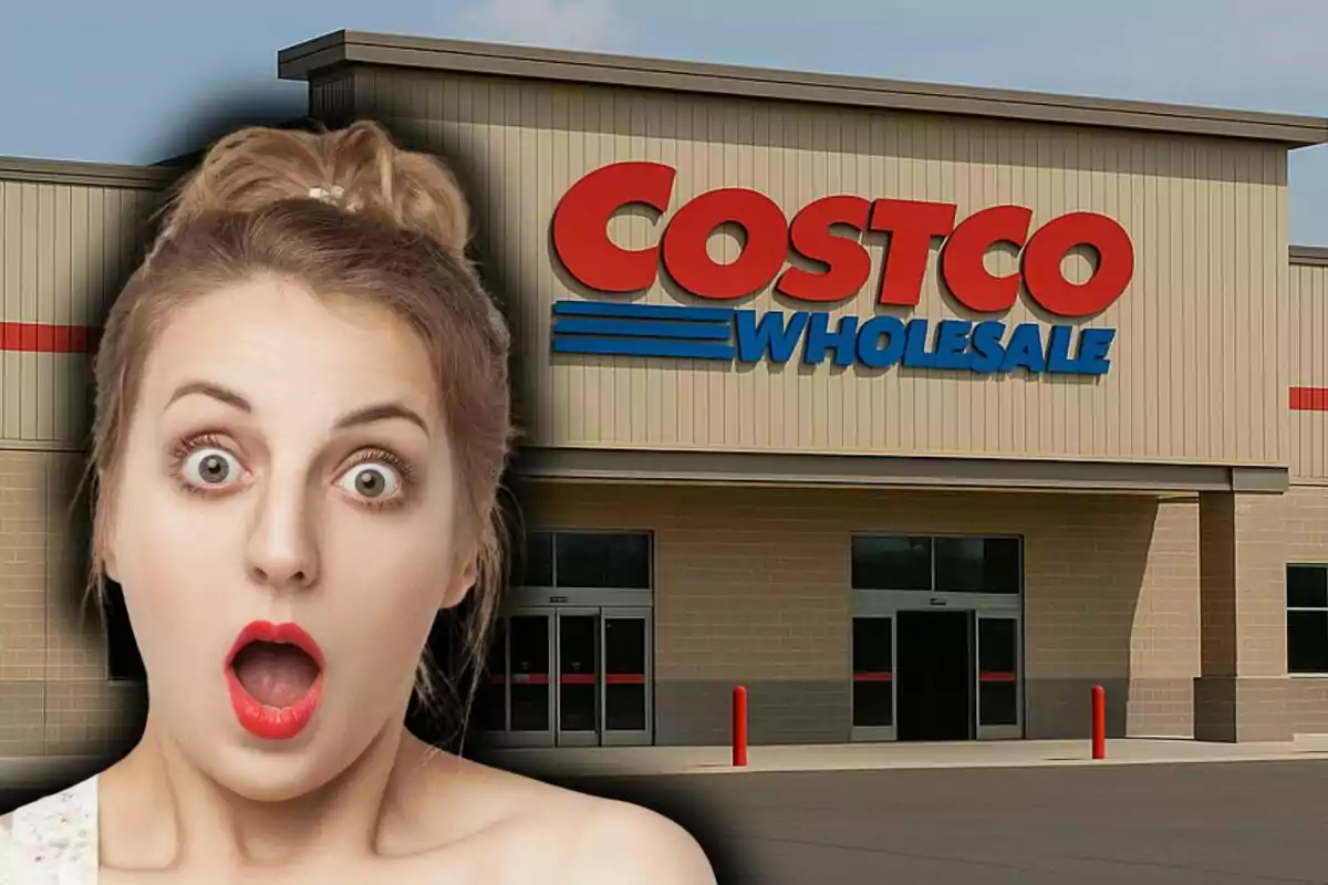 Woman with a surprised expression in front of the entrance of a Costco Wholesale store in the United States.