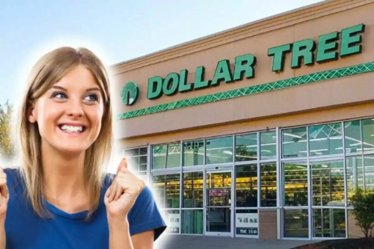 Mujer sonriente con expresión de emoción frente a la tienda Dollar Tree en Estados Unidos.