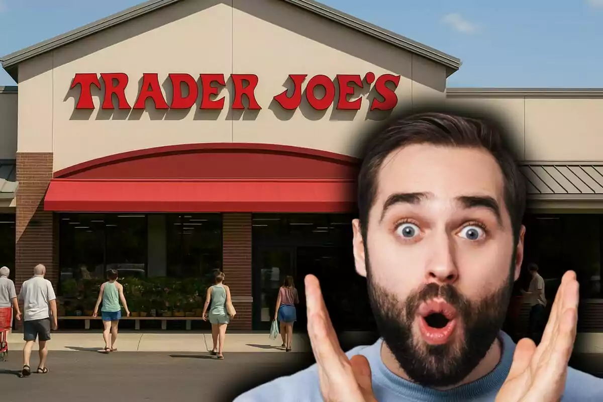 A man with a surprised expression appears in front of the entrance to a Trader Joe's store as several people walk toward the supermarket.