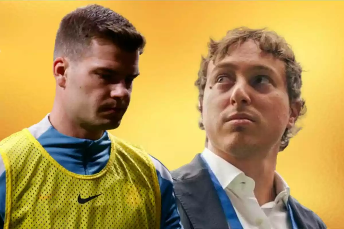 Dos hombres mirando en diferentes direcciones con un fondo amarillo