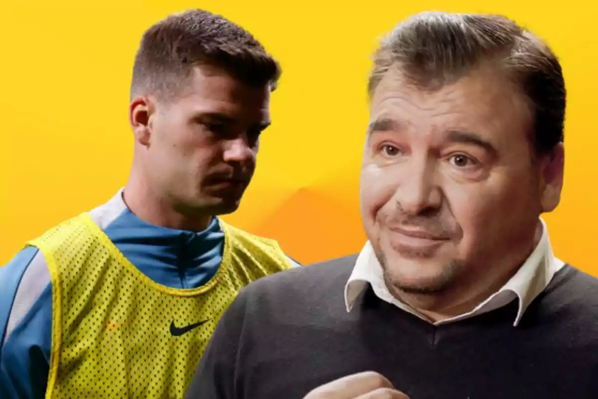 Un hombre con chaleco deportivo amarillo y otro hombre de camisa negra y blanca al frente, ambos sobre un fondo amarillo.