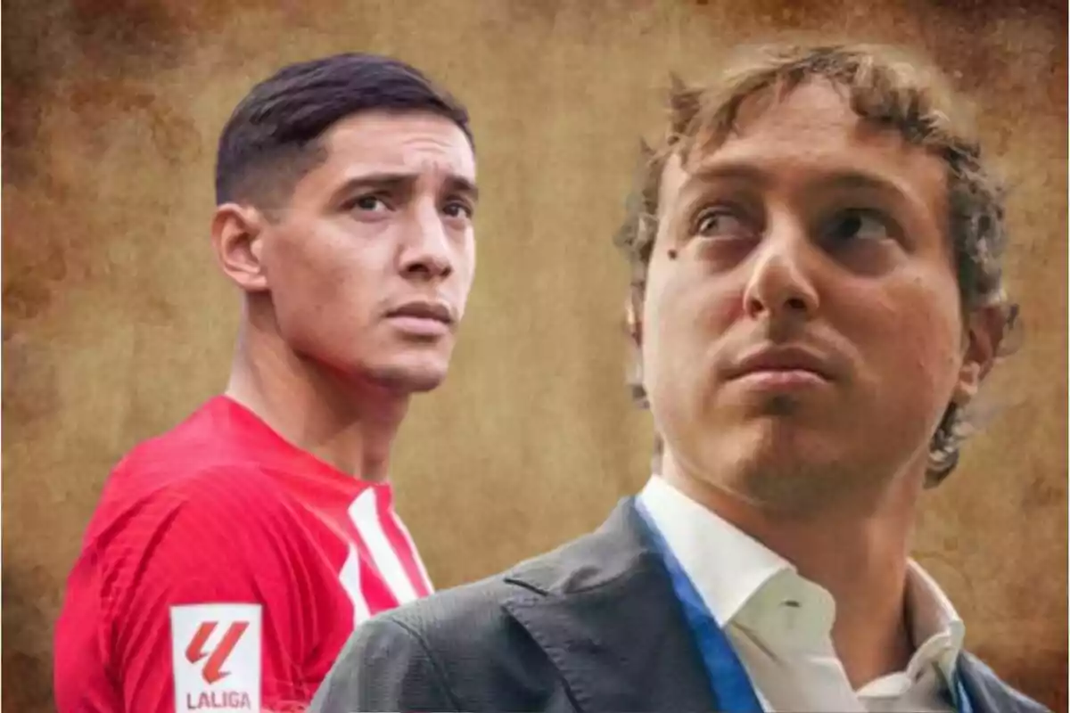 Dos hombres mirando en direcciones opuestas uno con camiseta de fútbol roja y el otro con traje y camisa blanca sobre un fondo marrón difuminado