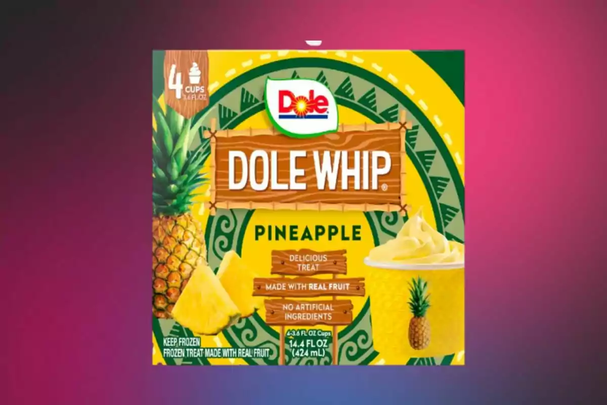Box of pineapple-flavored Dole Whip with images of fresh pineapple and a creamy dessert on a colorful background Box of pineapple-flavored Dole Whip with images of fresh pineapple and a creamy dessert on a colorful background