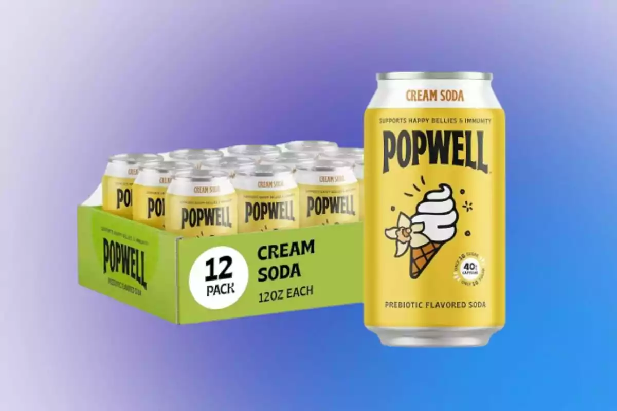 Popwell cream soda flavored can with yellow design and 12-pack box on a blue and purple gradient background Popwell cream soda flavored can with yellow design and 12-pack box on a blue and purple gradient background
