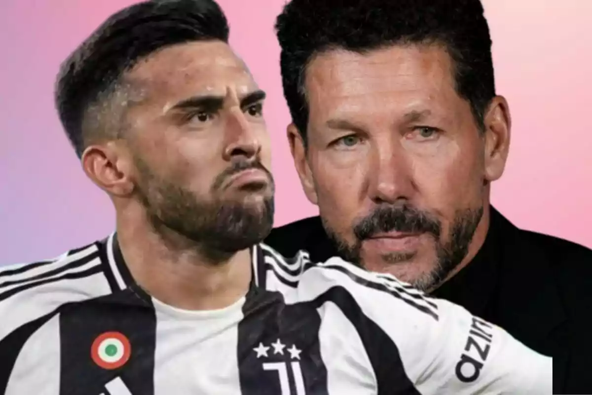 Un futbolista con uniforme de la Juventus aparece en primer plano con expresión seria mientras un hombre de barba y cabello oscuro lo observa al fondo sobre un fondo degradado rosa.