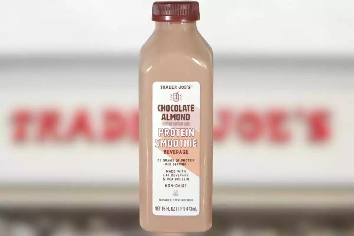 Trader Joe's chocolate almond protein smoothie bottle on a blurred background Trader Joe's chocolate almond protein smoothie bottle on a blurred background