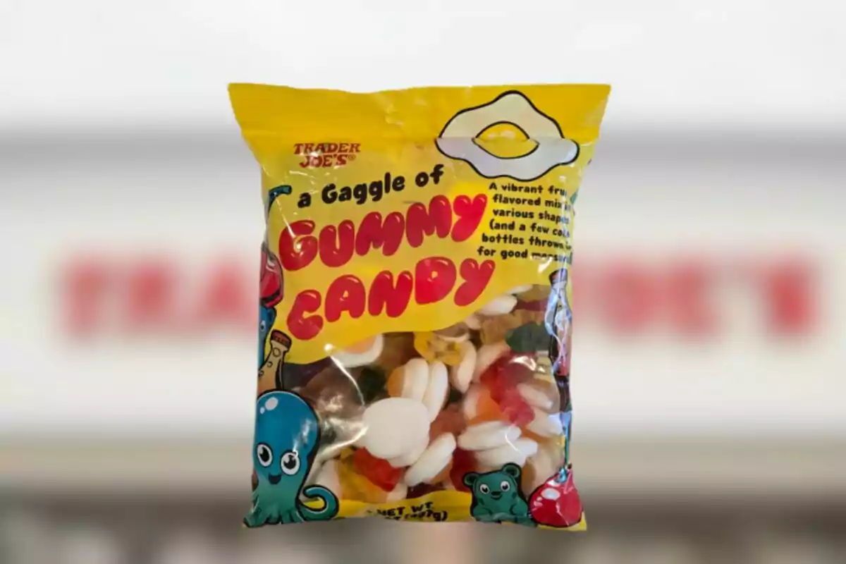 Yellow bag of Trader Joe’s gummies with illustrations of an octopus and a bear at the bottom Yellow bag of Trader Joe’s gummies with illustrations of an octopus and a bear at the bottom