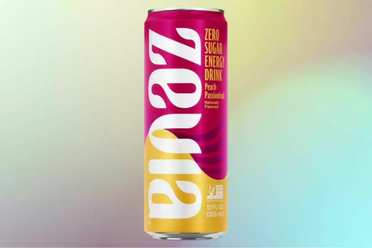 Zevia peach and passion fruit flavored energy drink can with a pastel gradient background Zevia peach and passion fruit flavored energy drink can with a pastel gradient background