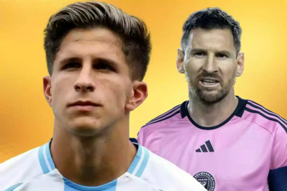 Dos futbolistas con uniforme deportivo sobre un fondo amarillo