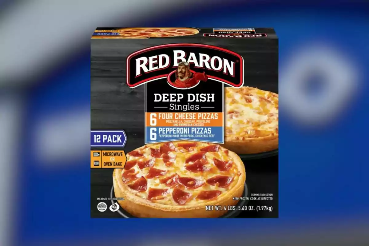 Red Baron Deep Dish Singles pizza box with six four-cheese pizzas and six pepperoni pizzas, 12-count package. Red Baron Deep Dish Singles pizza box with six four-cheese pizzas and six pepperoni pizzas, 12-count package.