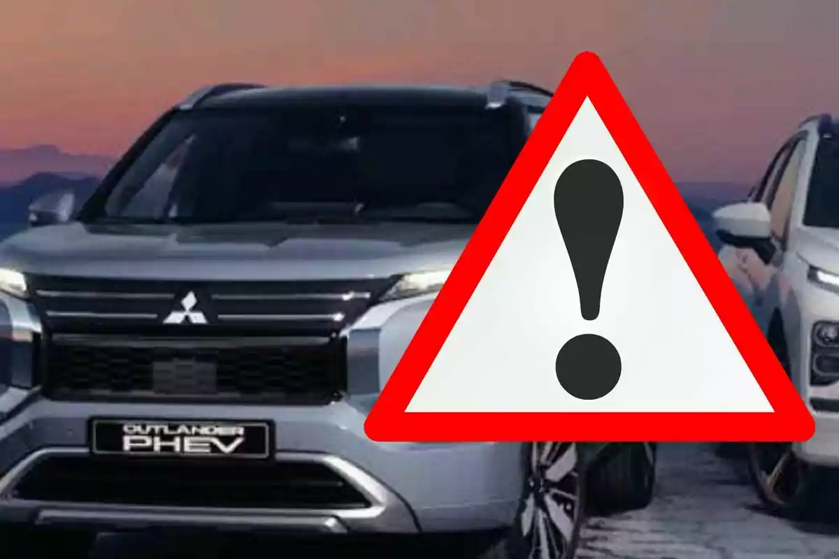 Gray car with a red triangle warning sign and exclamation mark in front of the vehicle