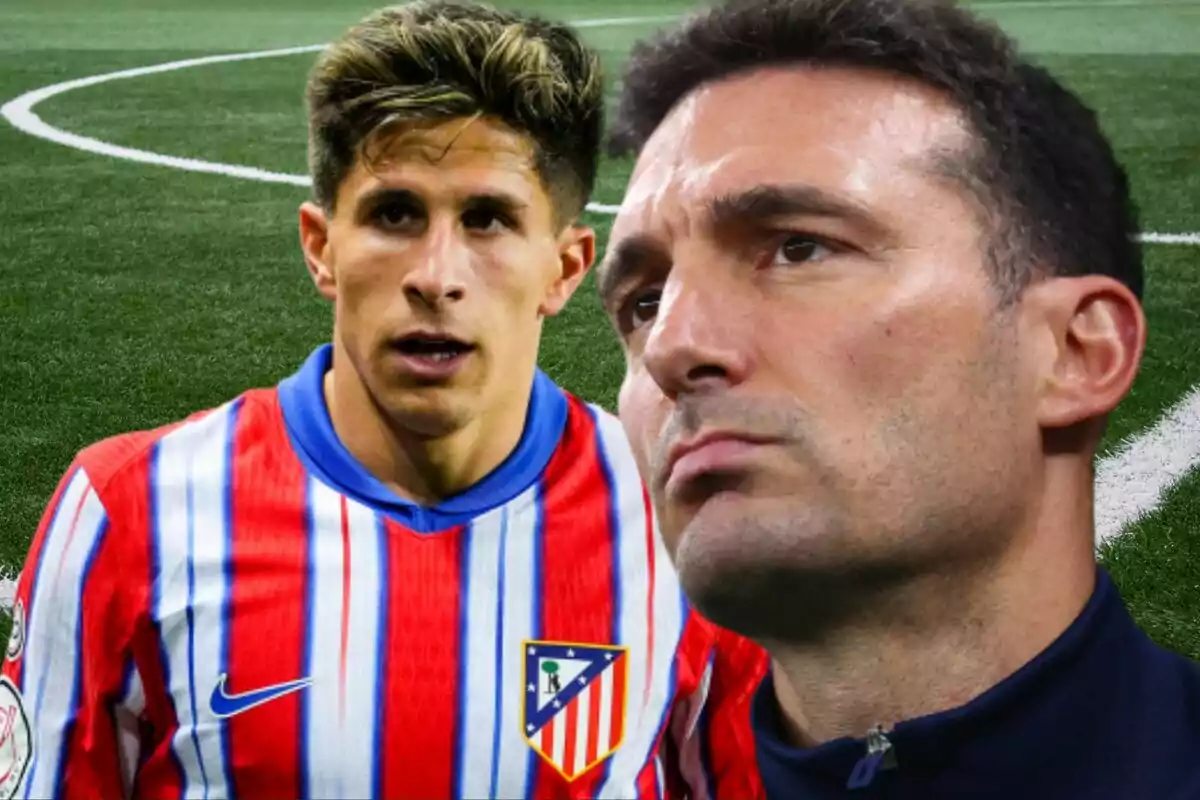 Dos hombres en un campo de fútbol uno con uniforme del Atlético de Madrid y el otro con expresión seria