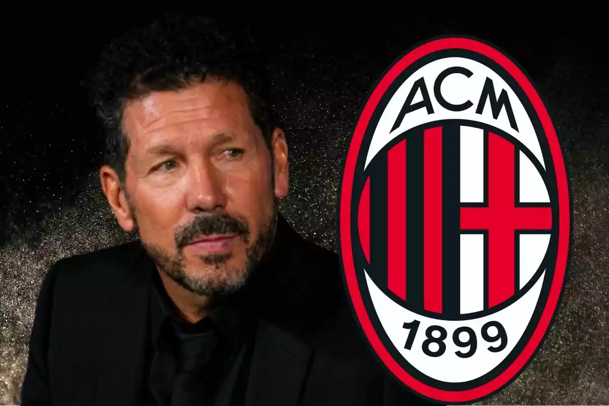 Hombre con barba y cabello rizado junto al logo del AC Milan.