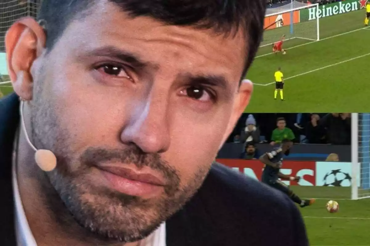 El Kun Agüero en primer plano con una imagen de la tanda de penaltis del Real Madrid al fondo