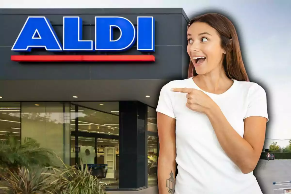 Mujer señalando la entrada de una tienda Aldi. Mujer señalando la entrada de una tienda Aldi.