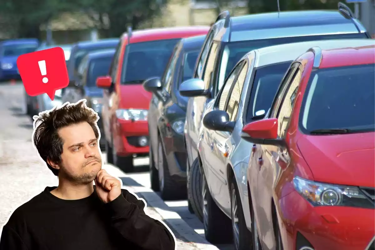 Background image of a street with several parked cars and another image of a man with a gesture of doubt and an exclamation on his head