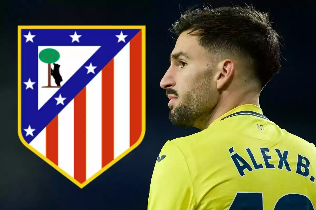 A soccer player in a yellow jersey looks to the left, next to the Atlético de Madrid crest.