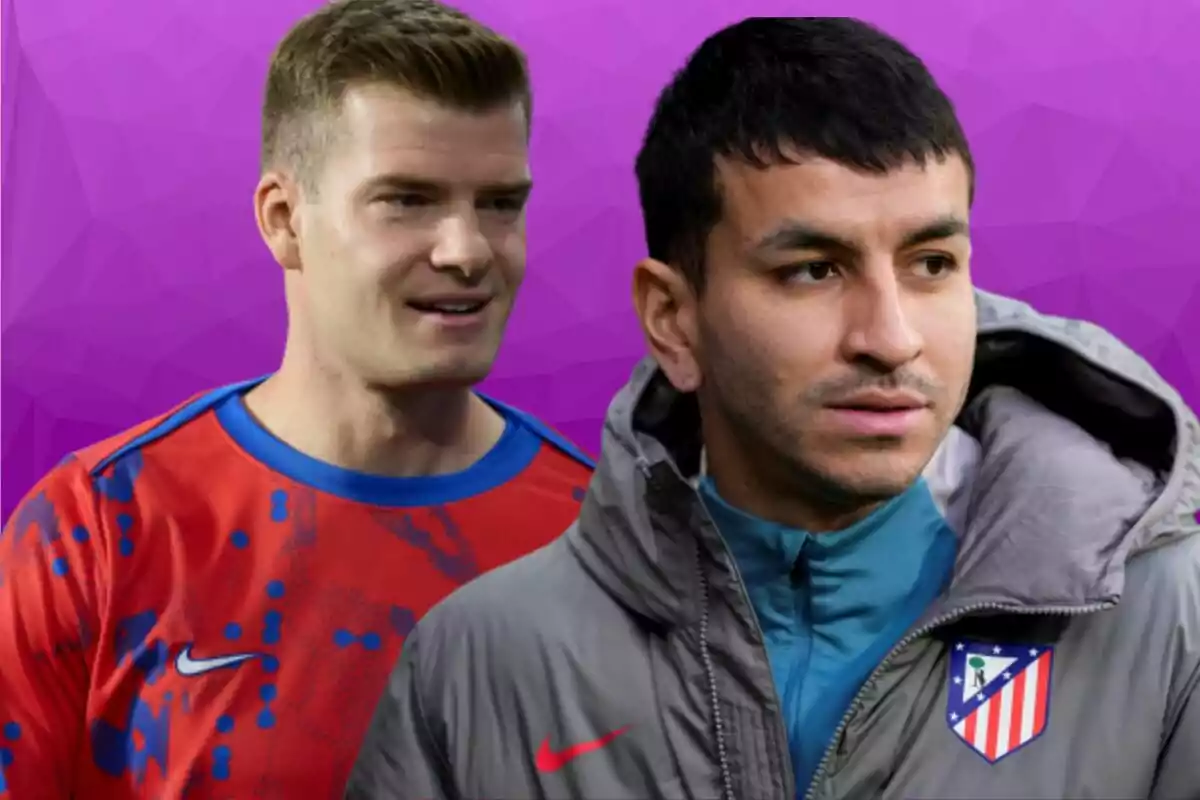 Two men in sportswear, one with a red and blue jersey and the other with a gray jacket with the Atlético de Madrid crest, against a purple background.