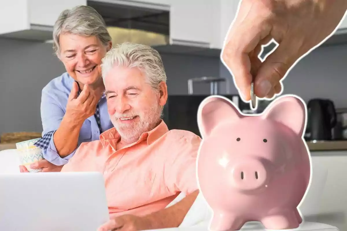 An elderly couple smiles while using a laptop, with one hand depositing a coin into a pink piggy bank in the foreground. An elderly couple smiles while using a laptop, with one hand depositing a coin into a pink piggy bank in the foreground.