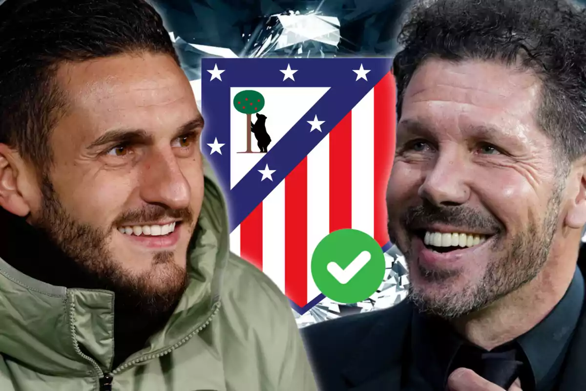 Dos personas sonrientes con el escudo del Atlético de Madrid en el fondo.