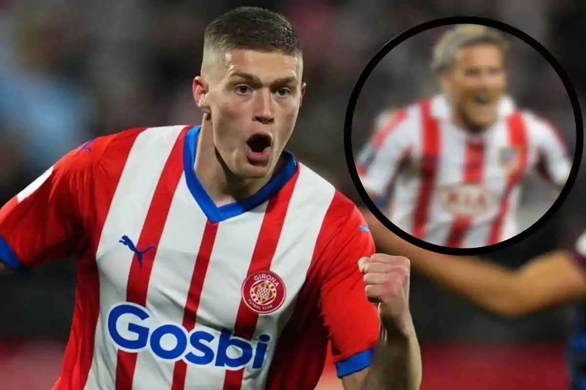 Jugador de fútbol celebrando un gol con la camiseta del Girona FC, con una imagen borrosa de otro jugador en el fondo.