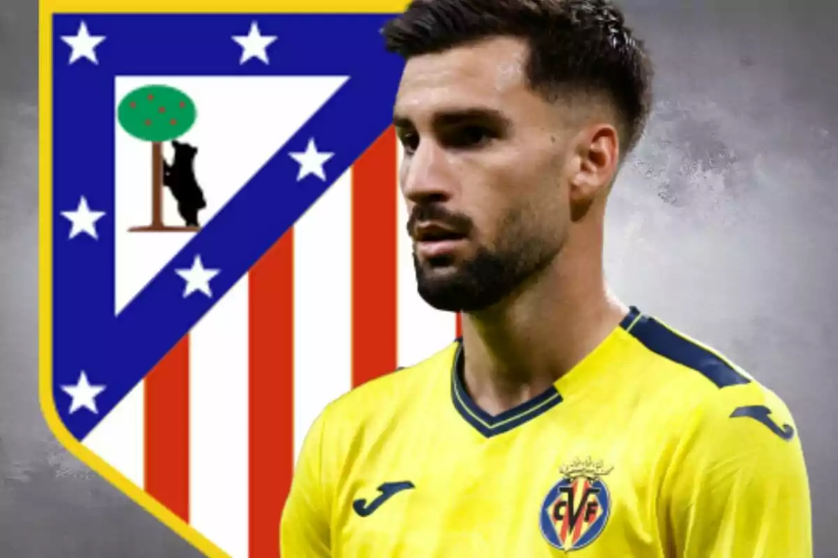 A player in a yellow jersey appears in front of the Atlético de Madrid crest.