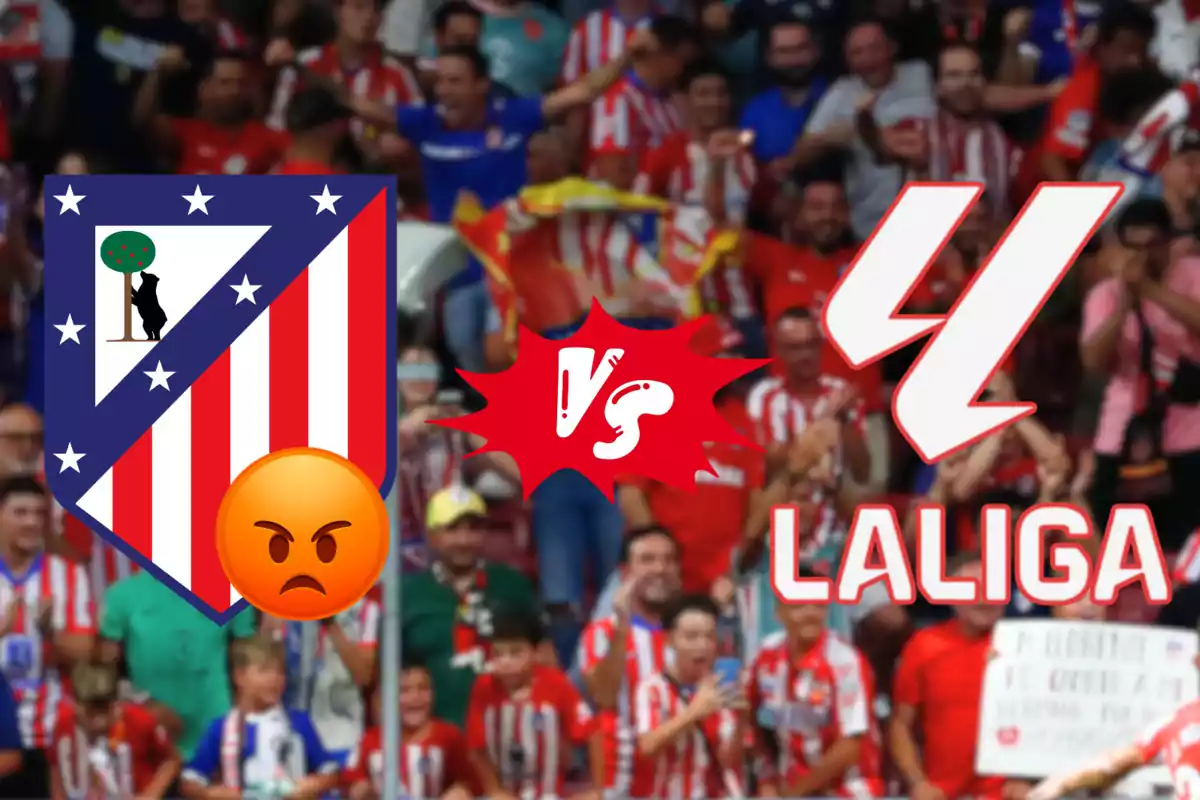 Imagen de un partido de fútbol entre el Atlético de Madrid y La Liga, con un emoji de enojo en el centro y una multitud de aficionados en el fondo.