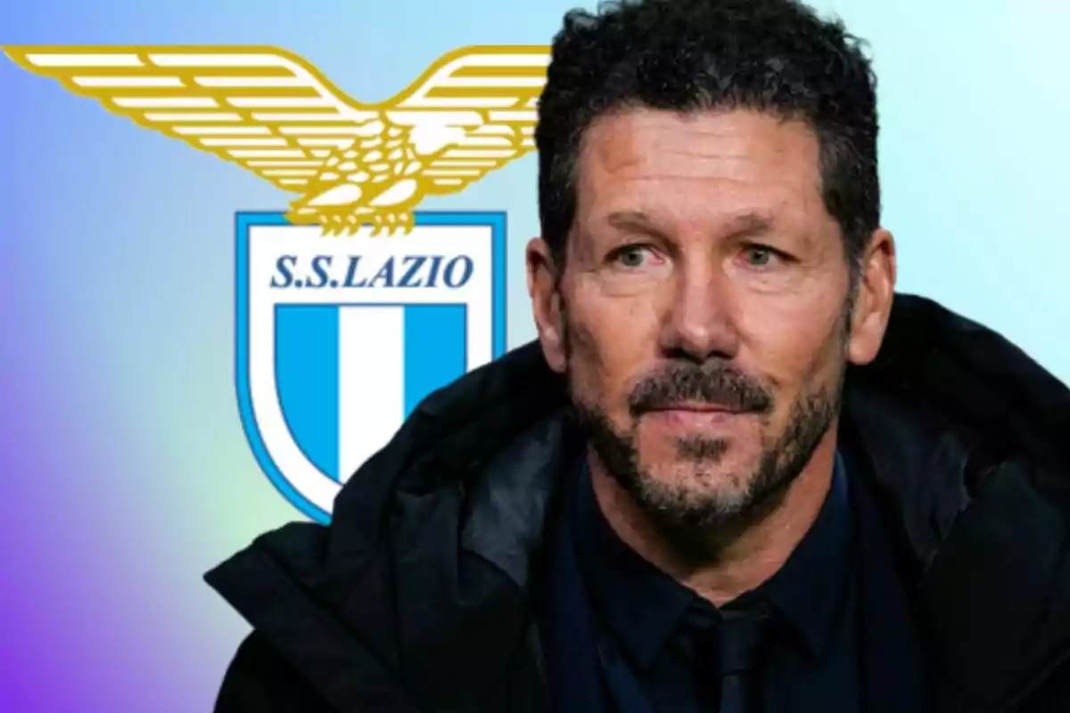 A man with a beard and curly hair in front of the S.S. Lazio logo.