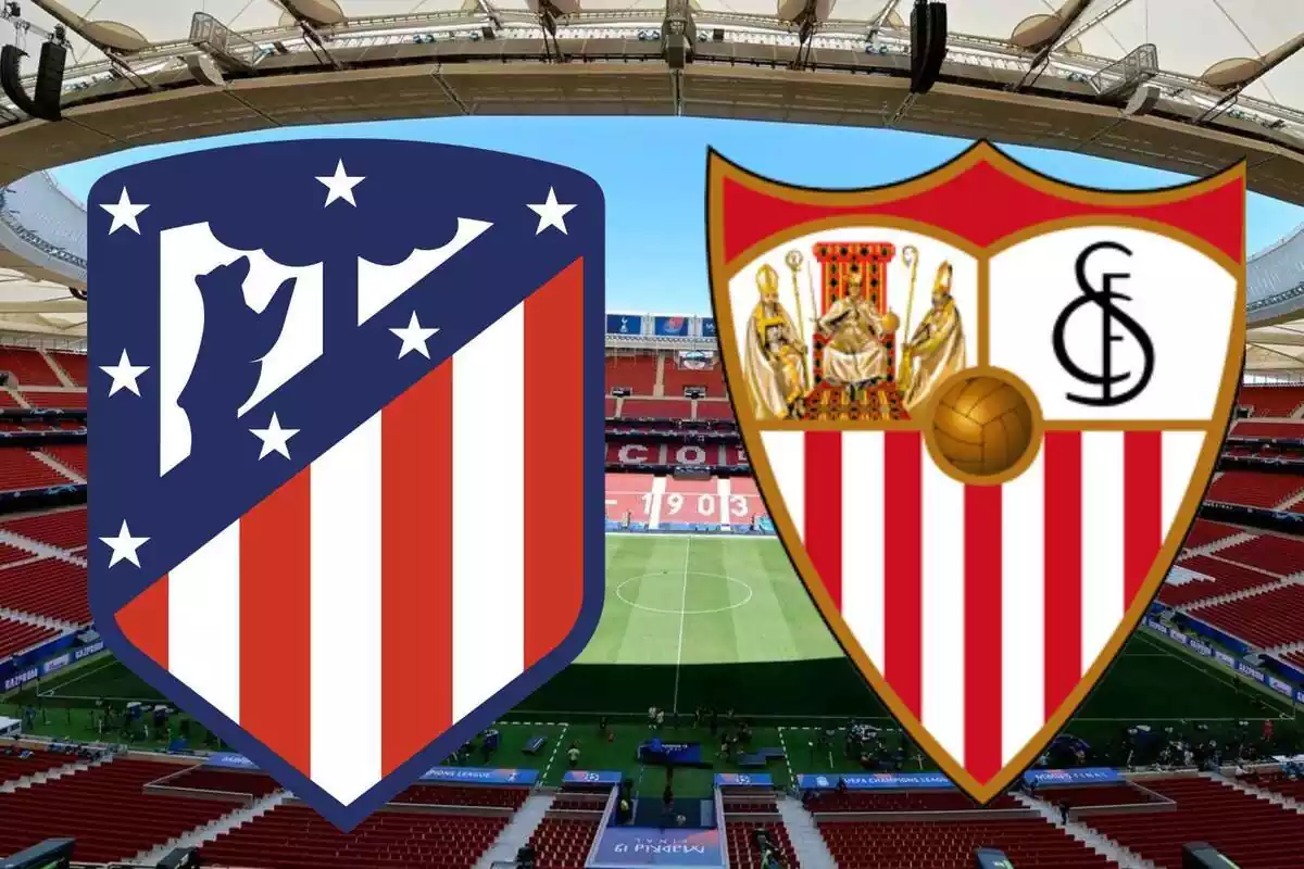 Imagen de los escudos de Atlético de Madrid y Sevilla en el Metropolitano