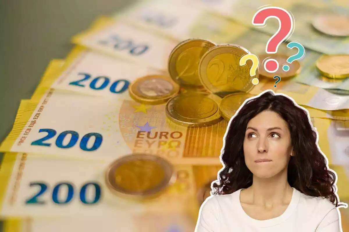 Imagen de fondo de varios billetes de 200 euros y otra imagen de una mujer con gesto pensativo y con algunos interrogantes de colores sobre su cabeza