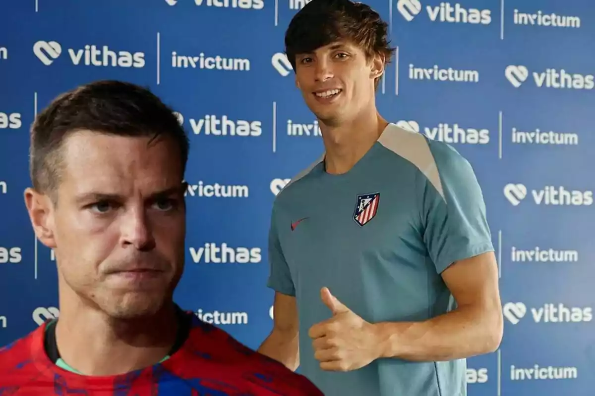 Dos jugadores de fútbol posan frente a un fondo con logotipos de "vithas" e "invictum".