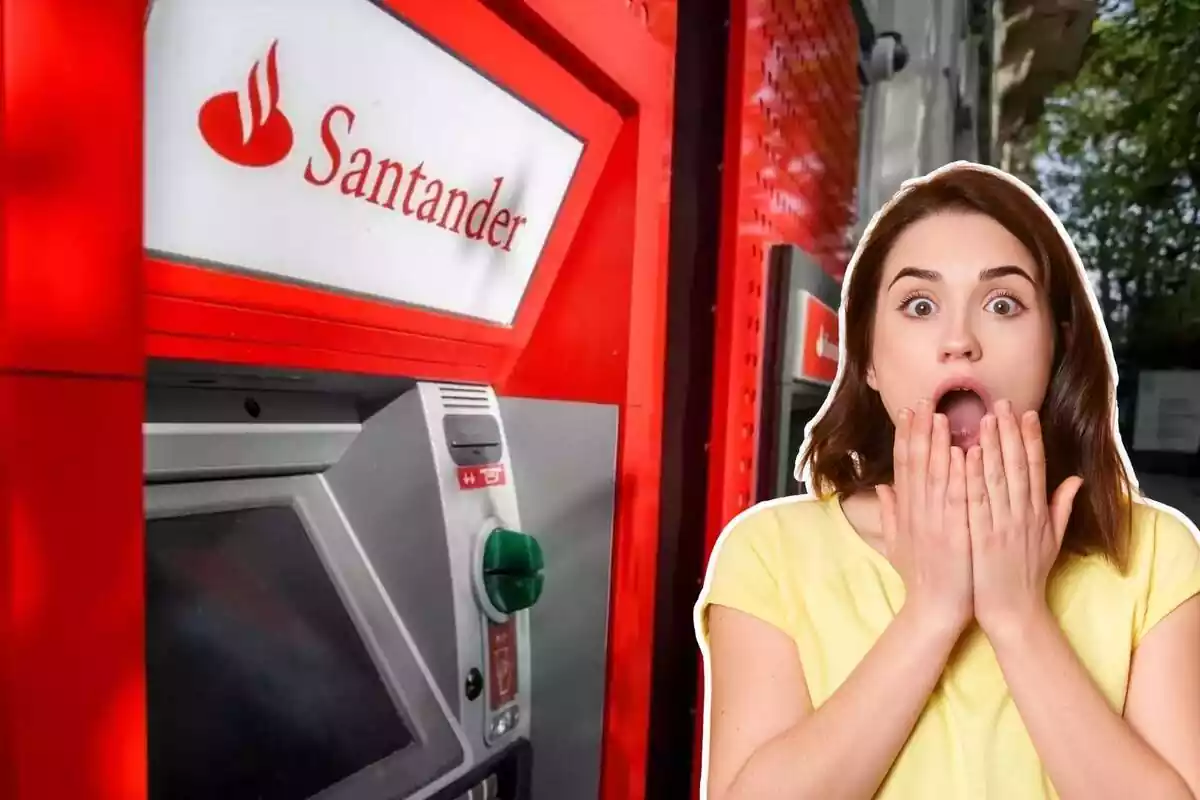 Montaje con el Banco Santander y una mujer sorprendida
