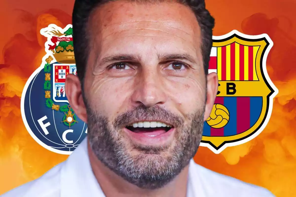 Rubén Baraja con una gran sonrisa junto a los escudos del FC Barcelona y del Oporto sobre un fondo con humo naranja